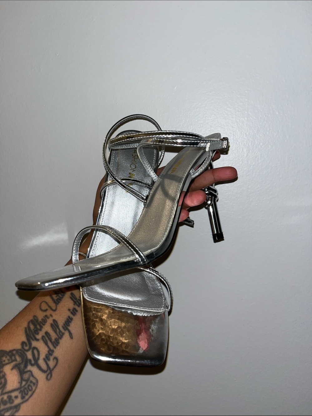 Silver Strappy Block Heel Sandals